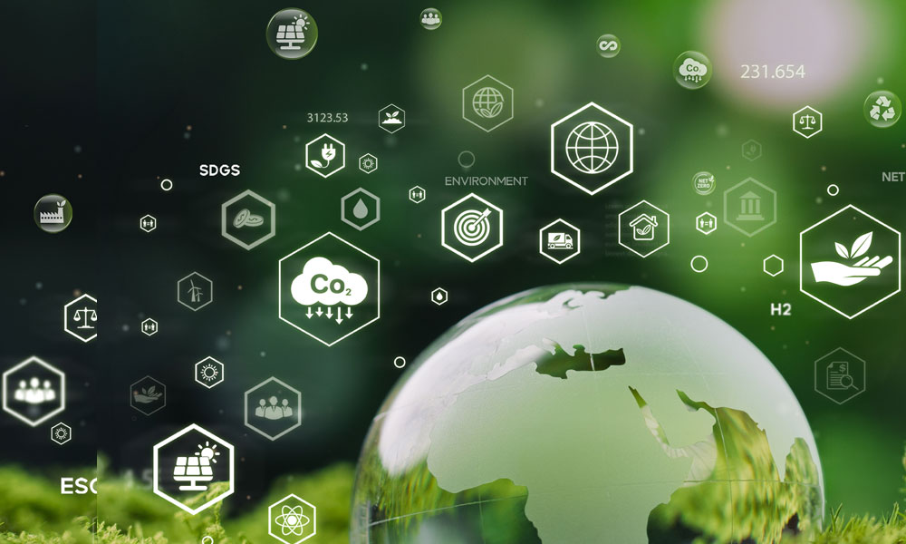 Weltkugel mit Icons zu Umweltschutz und Erneuerbaren Energien drumherum