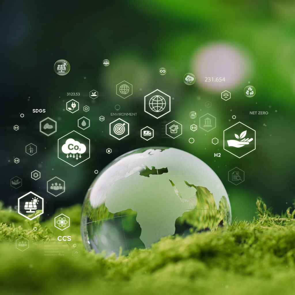 Weltkugel mit Icons zum Thema Umwelt(-management) und Erneuerbarer Energie drum herum